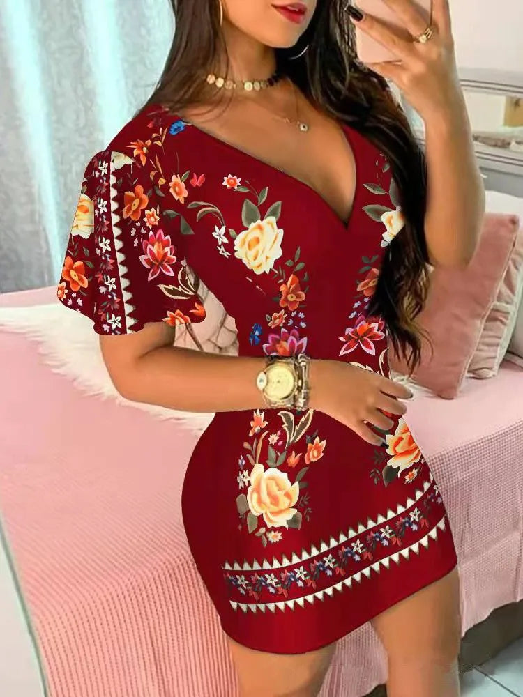 Summer Elegant Floral Print Bodycon Mini Dress Women 2024 Fashion Sexy Deep V-neck Package Hip Dresess Office Lady Party Dress - Fashioinista