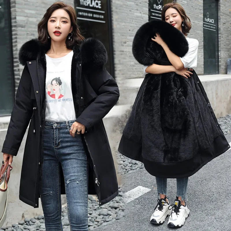 Winter Jacket 2023 New Women Parka Clothes Long Coat Wool Liner Hooded Jacket Fur Collar Thick Warm Snow Wear Padded Parka - Fashioinista