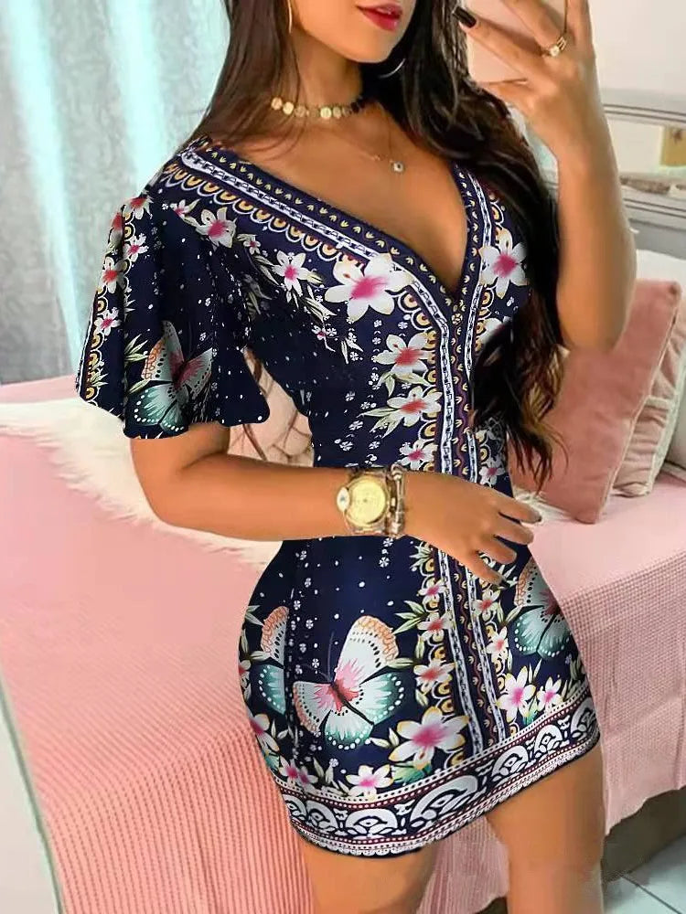 Summer Elegant Floral Print Bodycon Mini Dress Women 2024 Fashion Sexy Deep V-neck Package Hip Dresess Office Lady Party Dress - Fashioinista