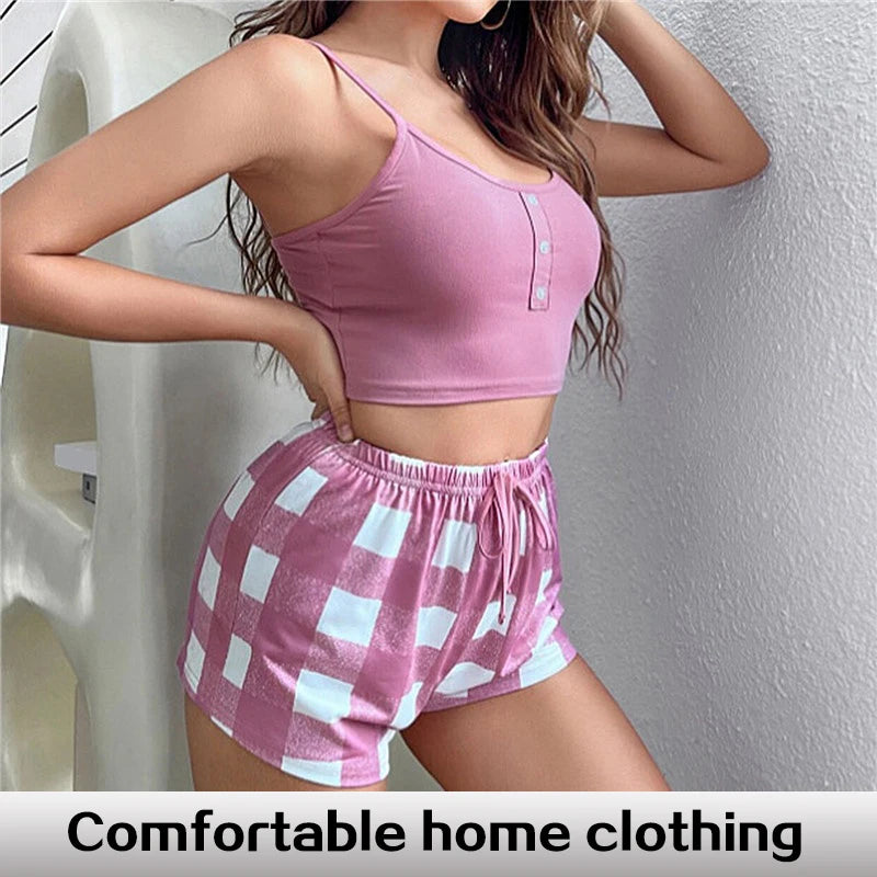 New Two Piece Women's Suspender Top And Patchwork Checkered Printed Shorts Women's Home Casual Pajamas Set - Fashioinista