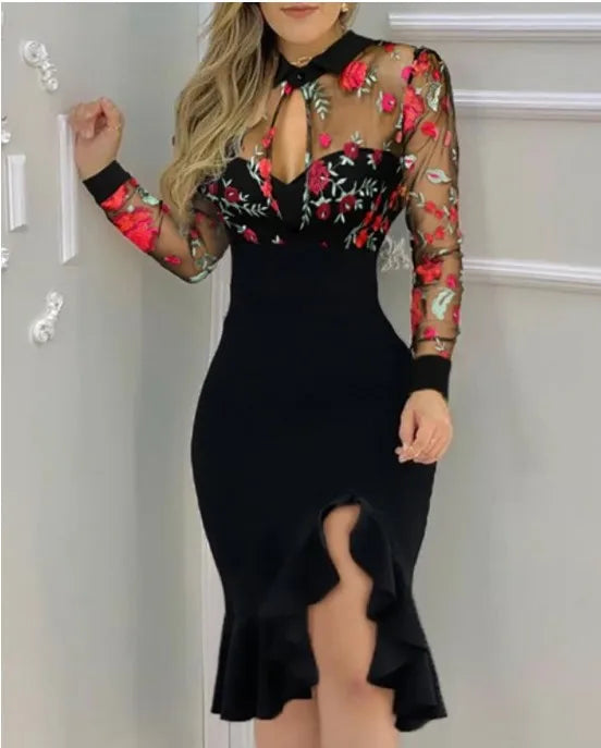 Mesh ruffle long sleeve A-line midi dress - view 1