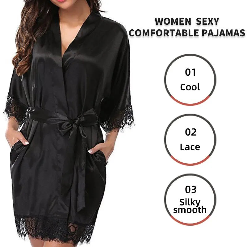 Women Ice Silk Pajamas Robes Sleepwear Nightgowns Nightdress Red Black L XL Lace Smooth Soft Comfortable Casual Pure Color - Fashioinista