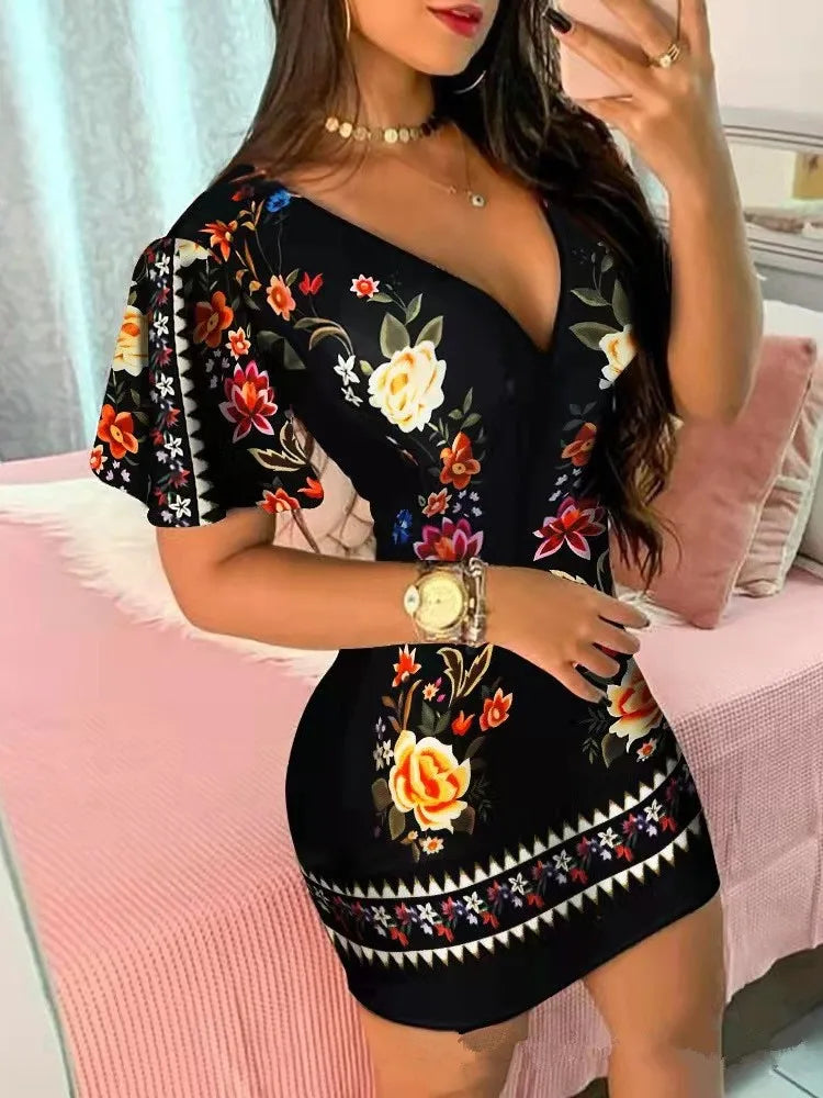 Summer Elegant Floral Print Bodycon Mini Dress Women 2024 Fashion Sexy Deep V-neck Package Hip Dresess Office Lady Party Dress - Fashioinista