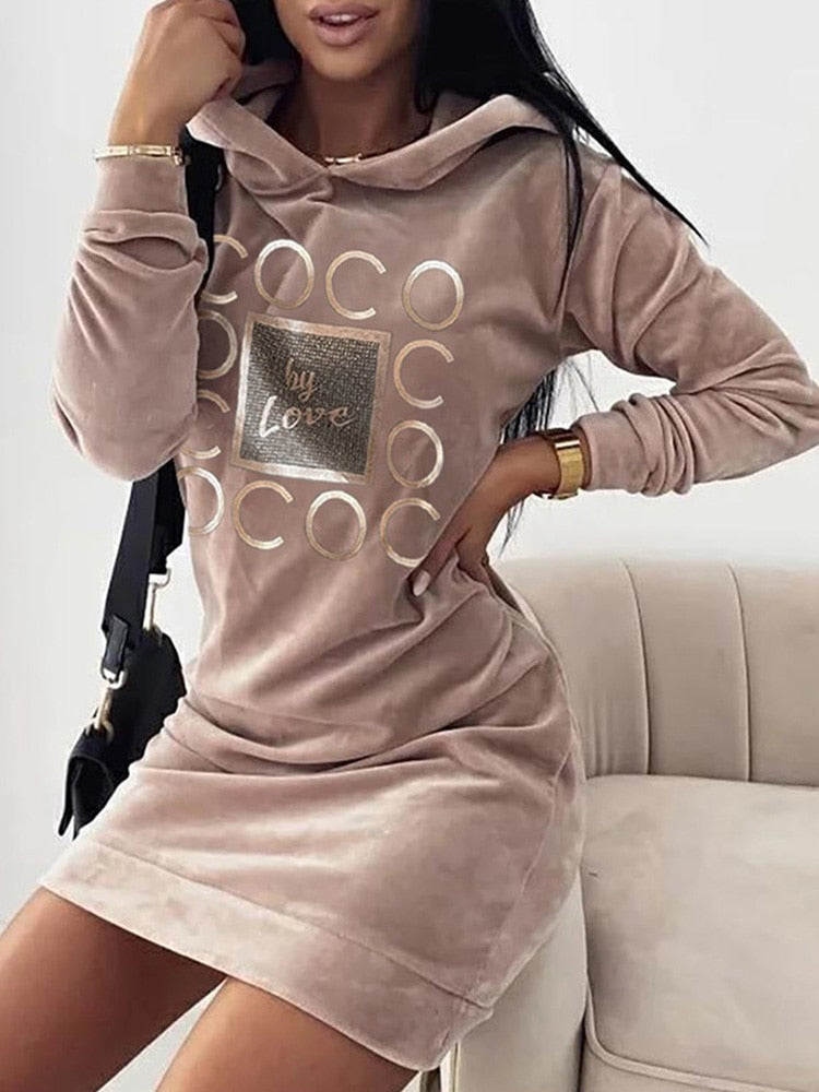 LOVE Print Hooded Sweater Dress - Fashioinista