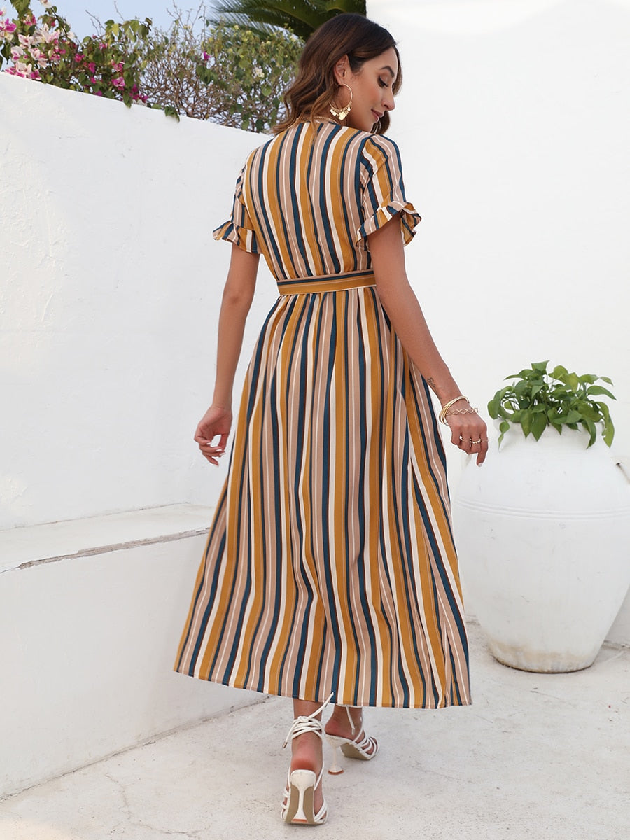 Colorful Striped A-line Dress - Fashioinista