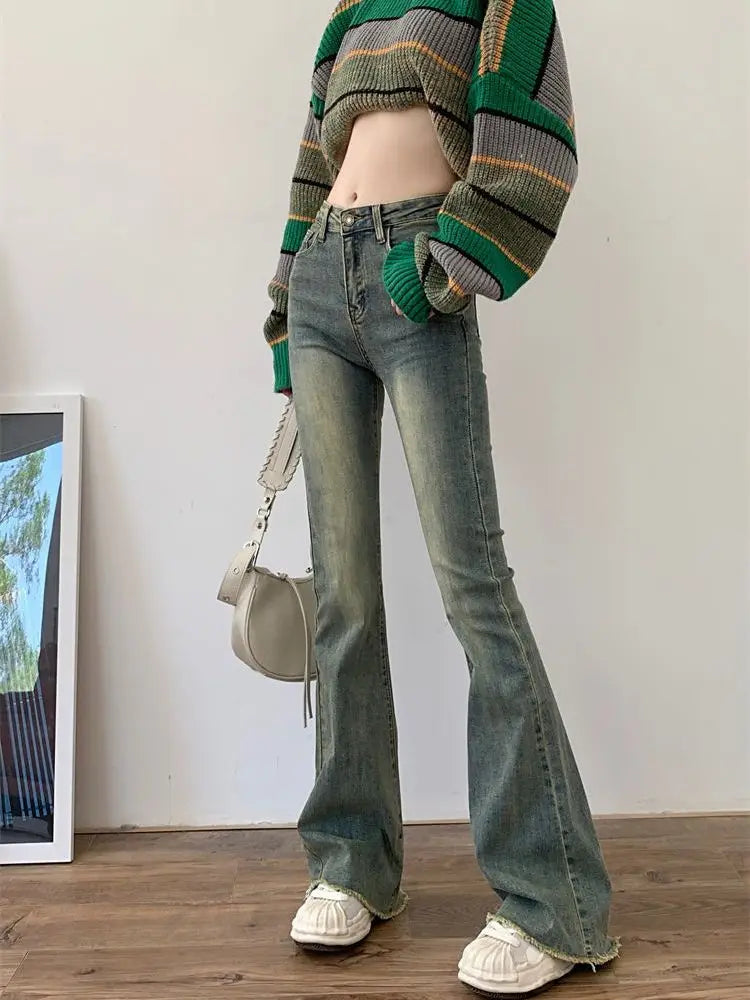 Flare Jeans Women Skinny High Waist Aesthetic Y2k Clothes Denim Trousers Vintage Washed Retro Mopping Korean Fashion Street New - Fashioinista
