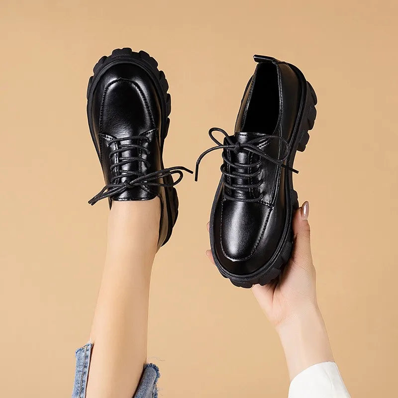 Leather Platform Oxford Shoes Woman Spring Autumn Lace Up Black Flats for Women Classic Thick Bottom Student Shoes - Fashioinista