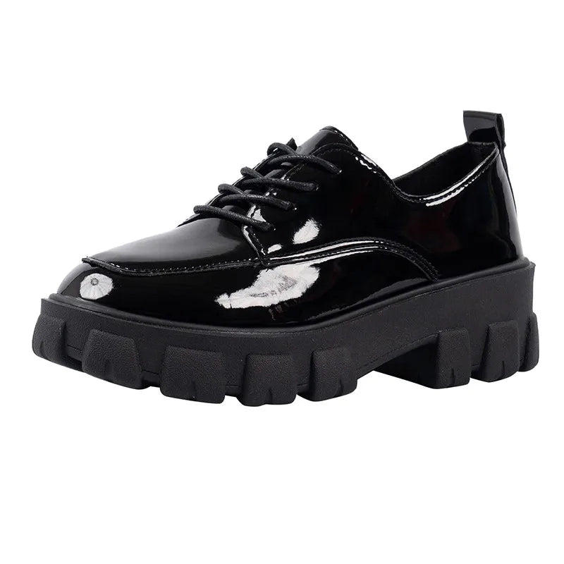 Leather Platform Oxford Shoes Woman Spring Autumn Lace Up Black Flats for Women Classic Thick Bottom Student Shoes - Fashioinista
