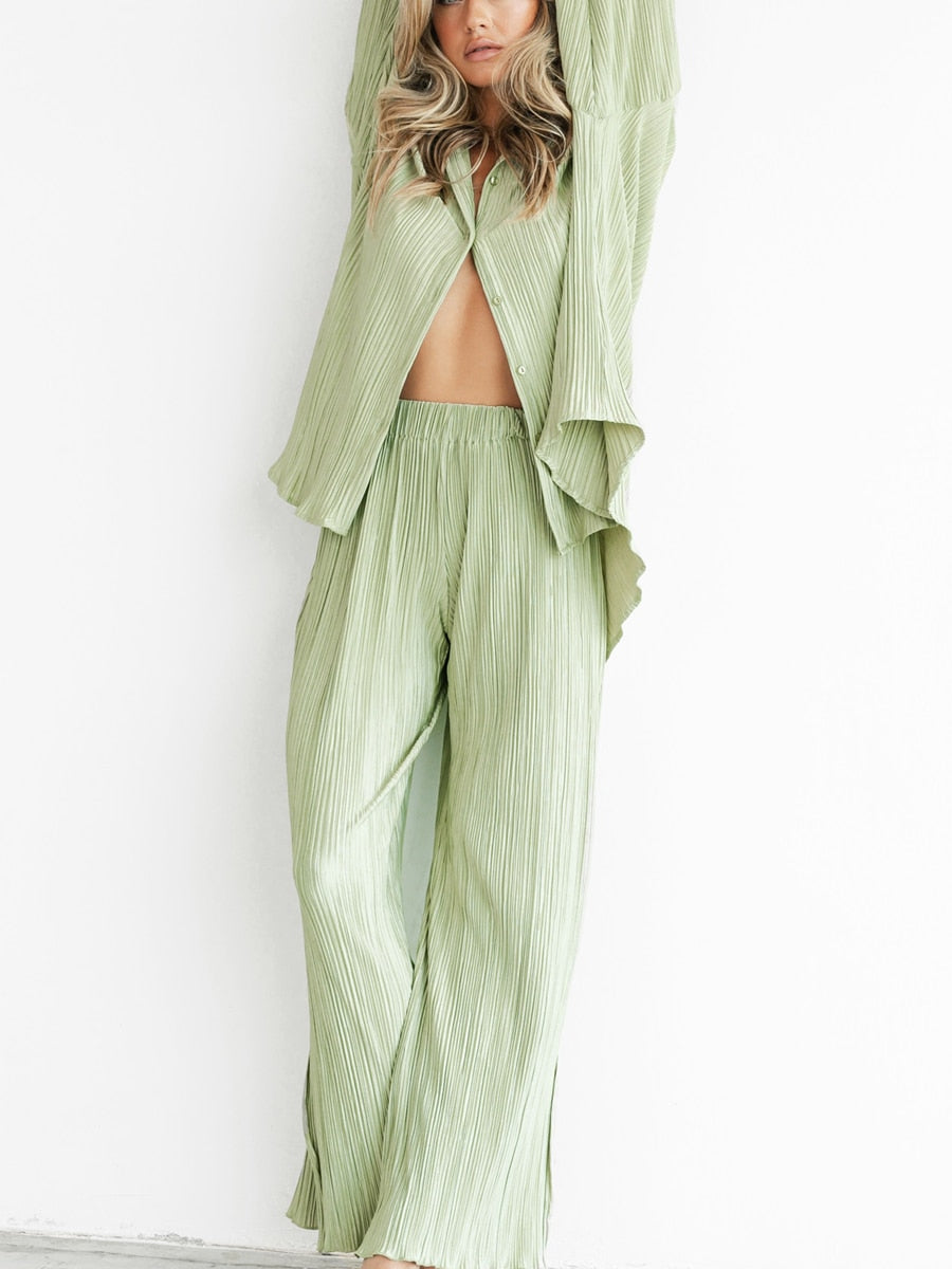 Solid Color Pleated Shirt & Trousers - Fashioinista