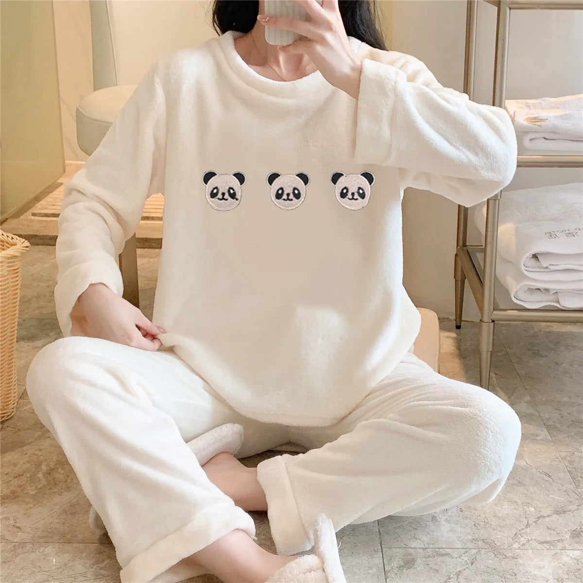 Flannel Pajama Set Women - flannel pajama set in beige - view 2