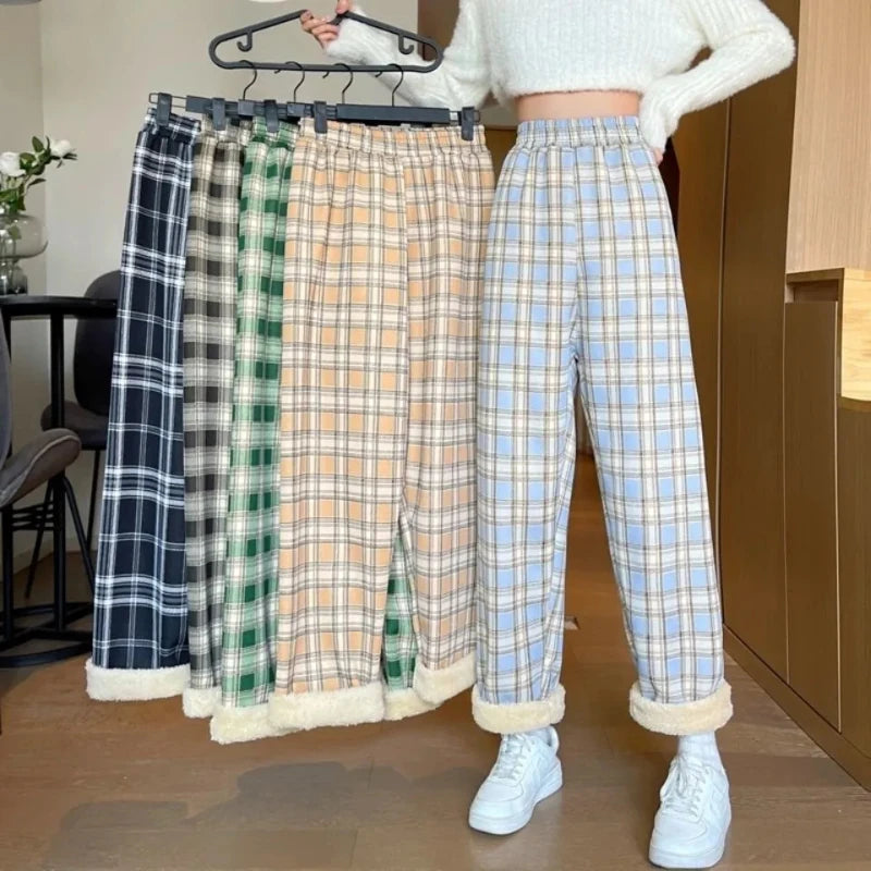 MEXZT Fashion Warm Plush Pants Thick Plaid Women Winter Casual Loose Wide Leg Trousers Korean Streetwear Straight Student New - Fashioinista