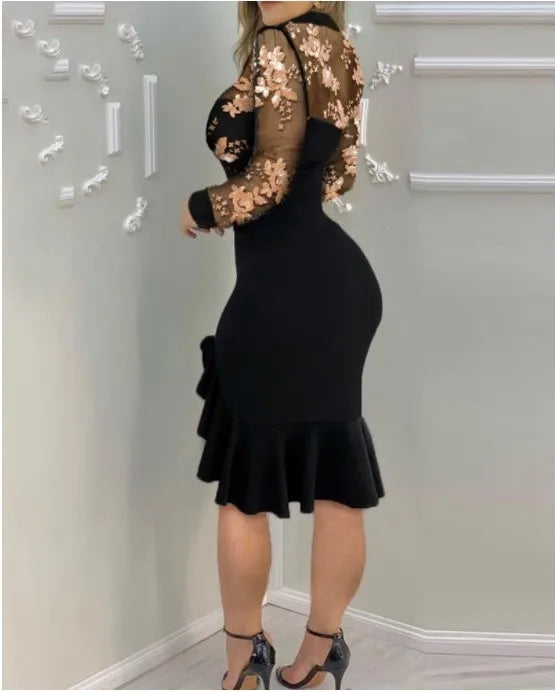 Mesh ruffle long sleeve A-line midi dress - view 5