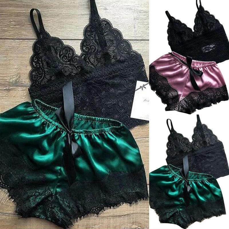 Two piece lace babydoll cami top and shorts sleep set - view 2
