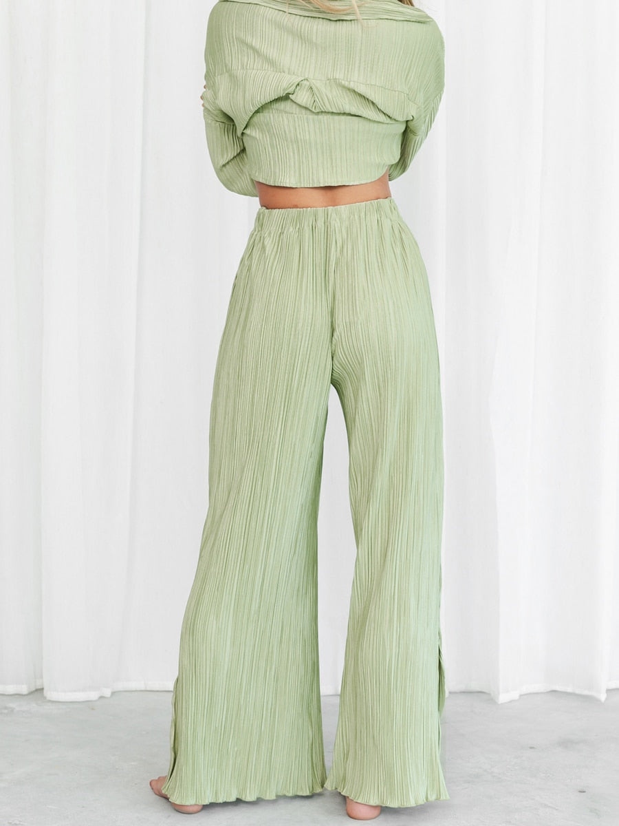 Solid Color Pleated Shirt & Trousers - Fashioinista