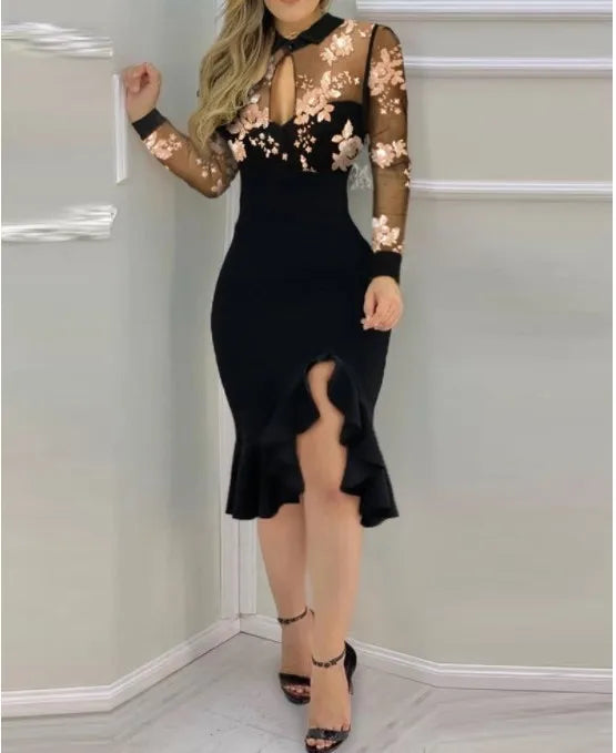 Mesh ruffle long sleeve A-line midi dress - view 4