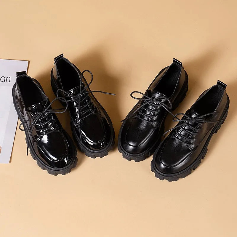 Leather Platform Oxford Shoes Woman Spring Autumn Lace Up Black Flats for Women Classic Thick Bottom Student Shoes - Fashioinista