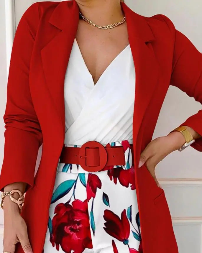 Long Sleeve Blazer &amp; Floral Print Shorts Set with Belt Women Casual New Fashion 2023 Female Clothing Outfits Suit - Fashioinista