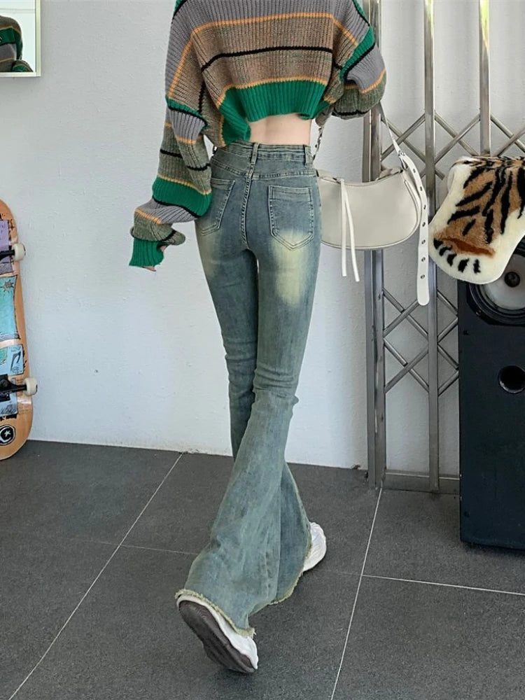 Flare Jeans Women Skinny High Waist Aesthetic Y2k Clothes Denim Trousers Vintage Washed Retro Mopping Korean Fashion Street New - Fashioinista