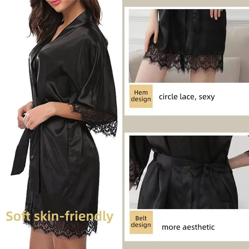 Women Ice Silk Pajamas Robes Sleepwear Nightgowns Nightdress Red Black L XL Lace Smooth Soft Comfortable Casual Pure Color - Fashioinista