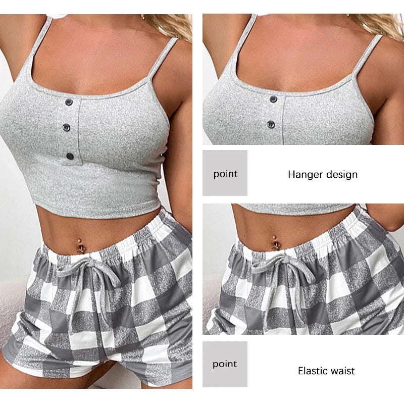 New Two Piece Women's Suspender Top And Patchwork Checkered Printed Shorts Women's Home Casual Pajamas Set - Fashioinista