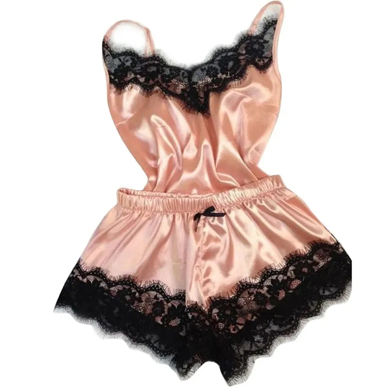 Fashion Women Pajama Suit V-Neck Stretch Satin Babydoll Lace Sexy Lingerie Bowknot Pyjamas Sleep Shorts Set Sleepwear - Fashioinista