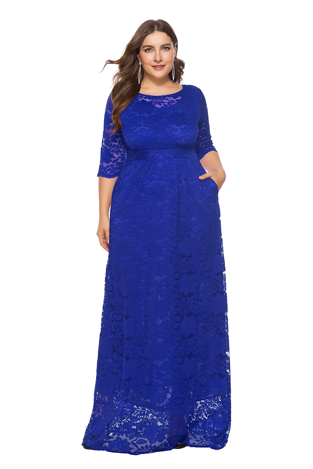 Plus Size Women New Hollow Lace Pocket Dress - Fashioinista