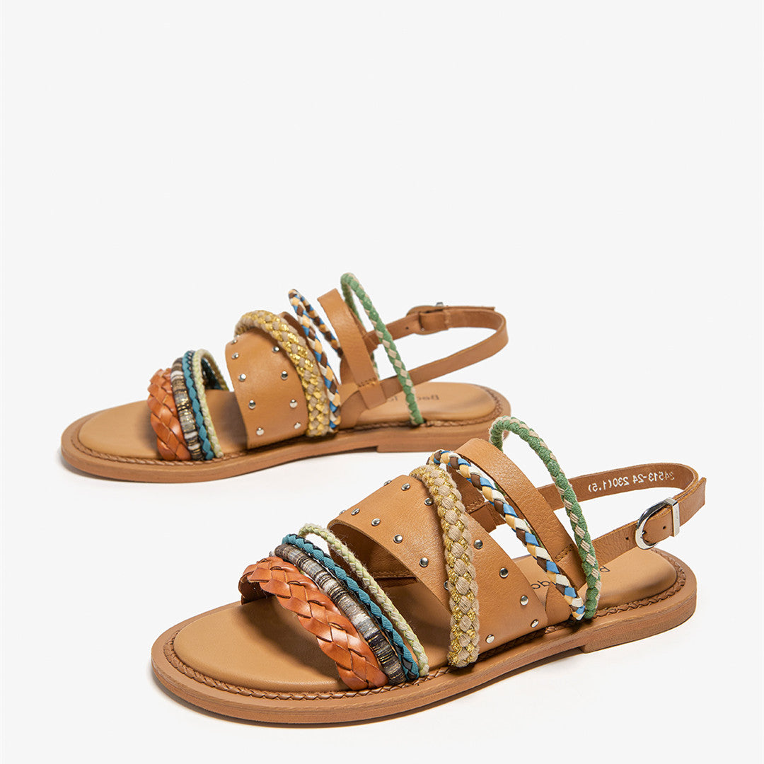 Women's Summer Flat Roman Woven Leather Niche Sandals - Fashioinista