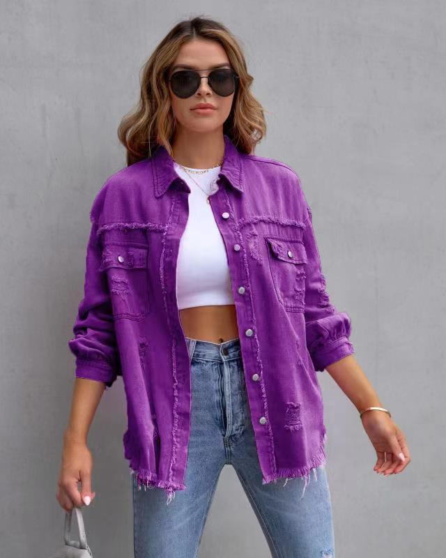 Fashion Ripped Shirt Jacket Female Autumn And Spring Casual Tops Womens Clothing - Fashioinista