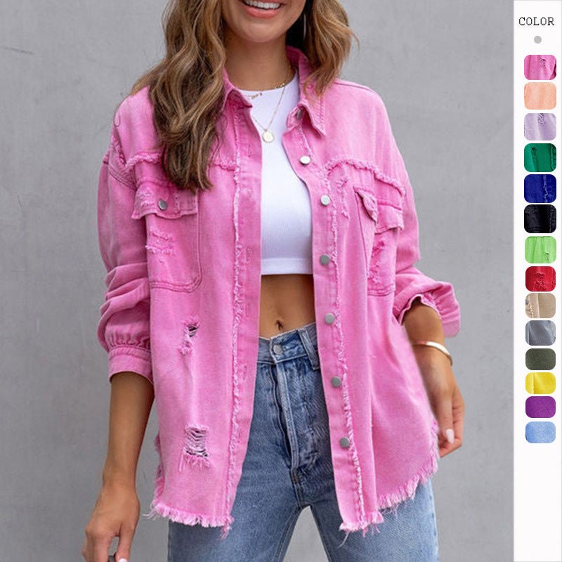 Fashion Ripped Shirt Jacket Female Autumn And Spring Casual Tops Womens Clothing - Fashioinista