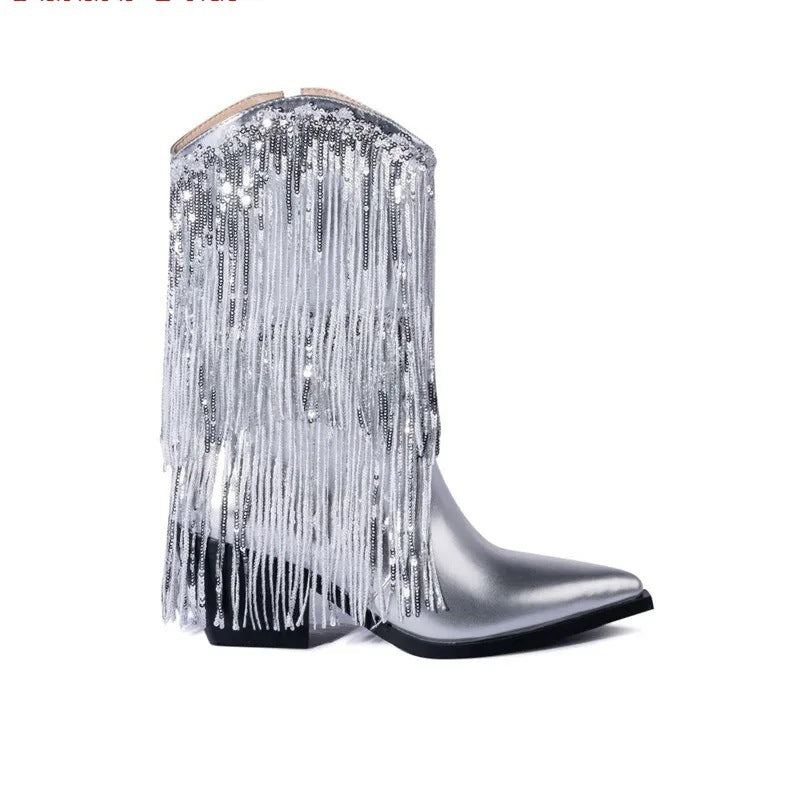 Cross-border Independent Station Fashion Runway Chunky Heel Tassel Boots Women's Shoes - Fashioinista