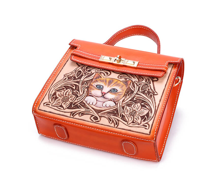 Handmade First Layer Cowhide Engraved Cat Handbag - Fashioinista