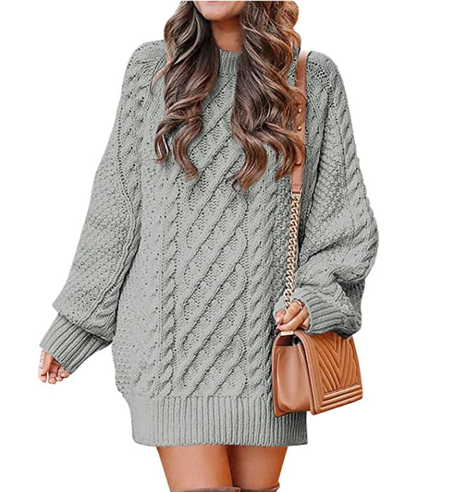 Women's Round Neck Long Sleeve Twisted Knitted Mid-length Dress Sweater - Fashioinista