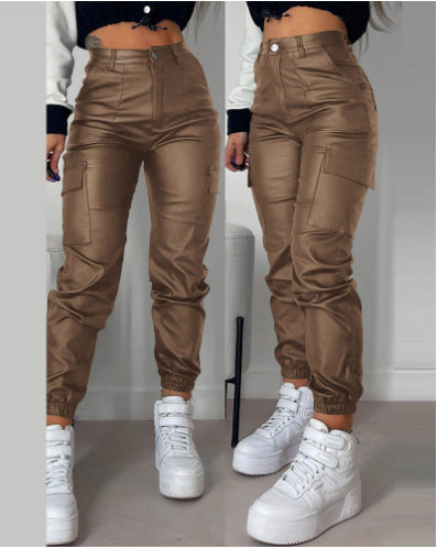 Zipper Pleated PU Casual Patch Pocket Skinny Pencil Trousers - Fashioinista