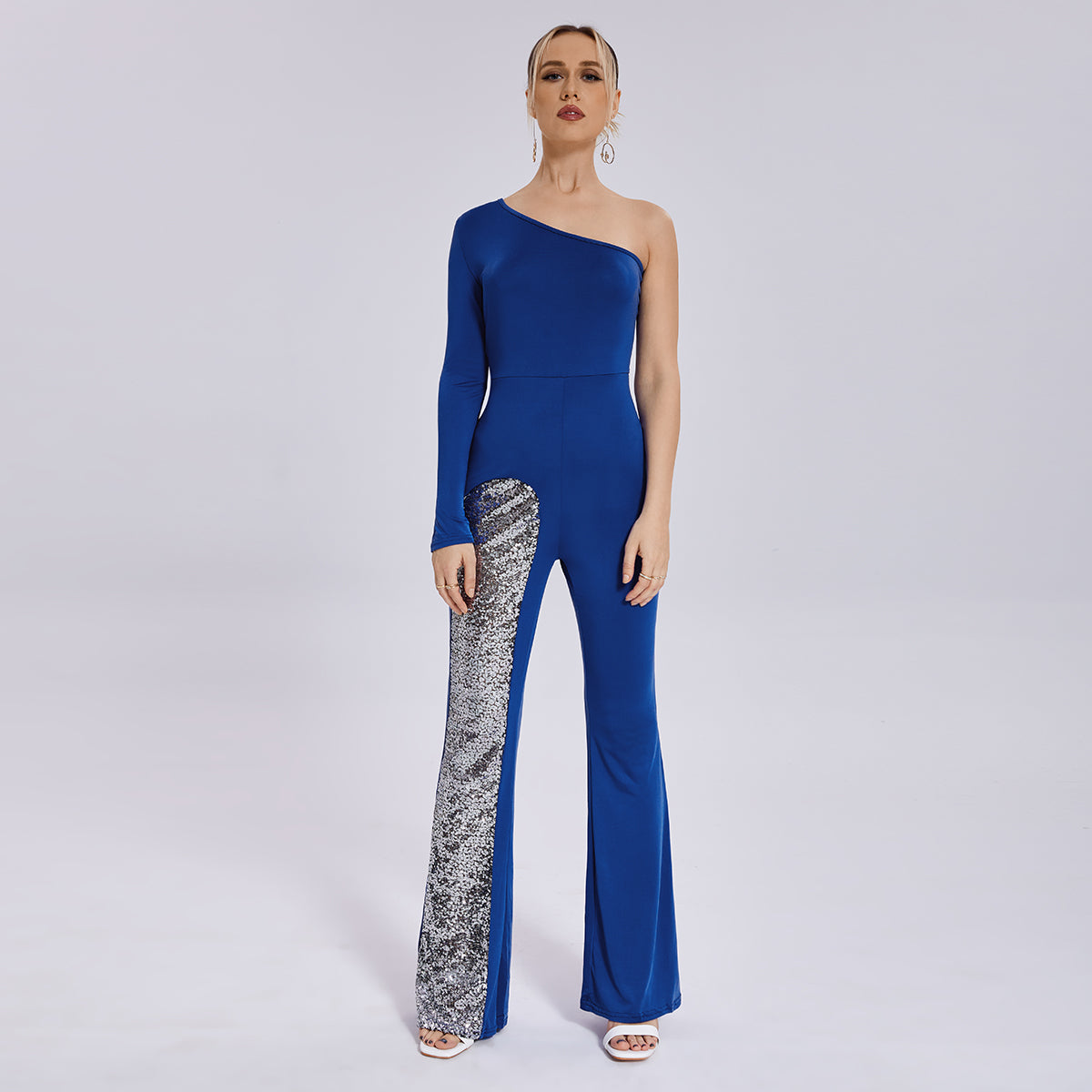 Leg Jumpsuit Mesh One Sleeve Flared - Fashioinista