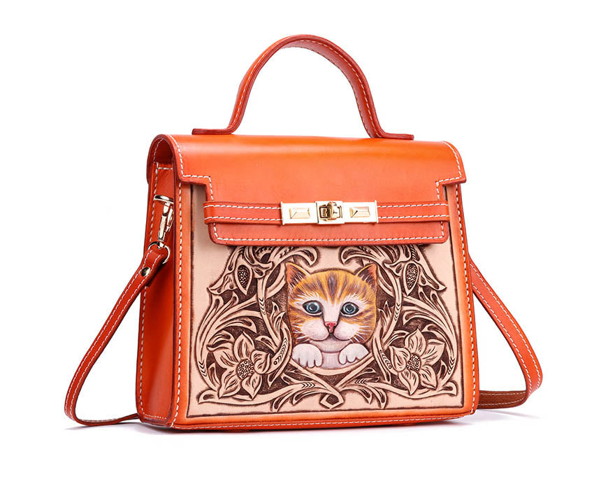 Handmade First Layer Cowhide Engraved Cat Handbag - Fashioinista