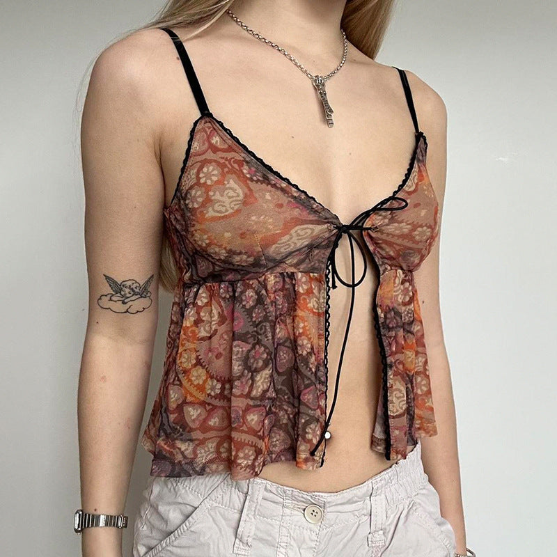 Retro European And American Women's Milk Silk Skin-friendly Small Suspenders Cross-border Sexy Hot Girl Print Straps Bottoming Vest - Fashioinista