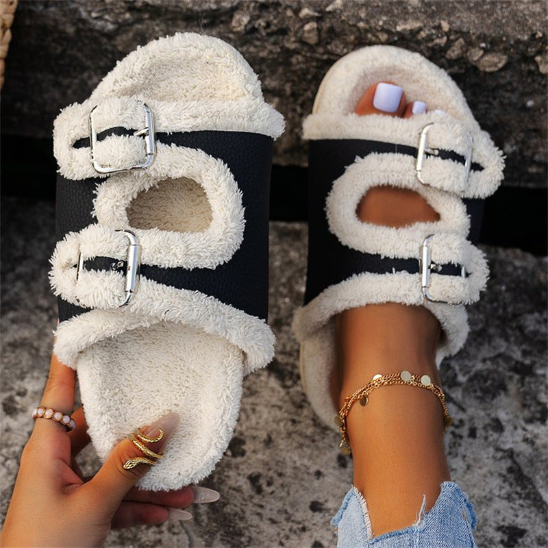 Autumn Winter Slipper Thick Sole Buckle Lamb Swool Slippers For Women Outdoor Gardern Indoor Lazy Plush Shoes - Fashioinista