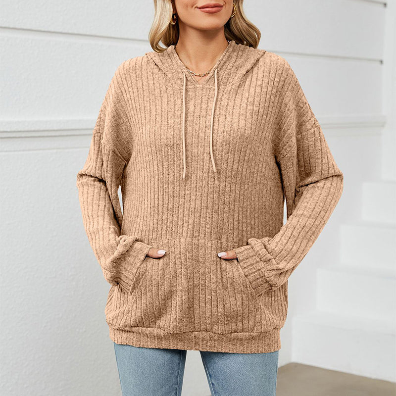 Knitted Sweater With Hooded Pit Stripe Kangaroo Pocket Sweater - Fashioinista