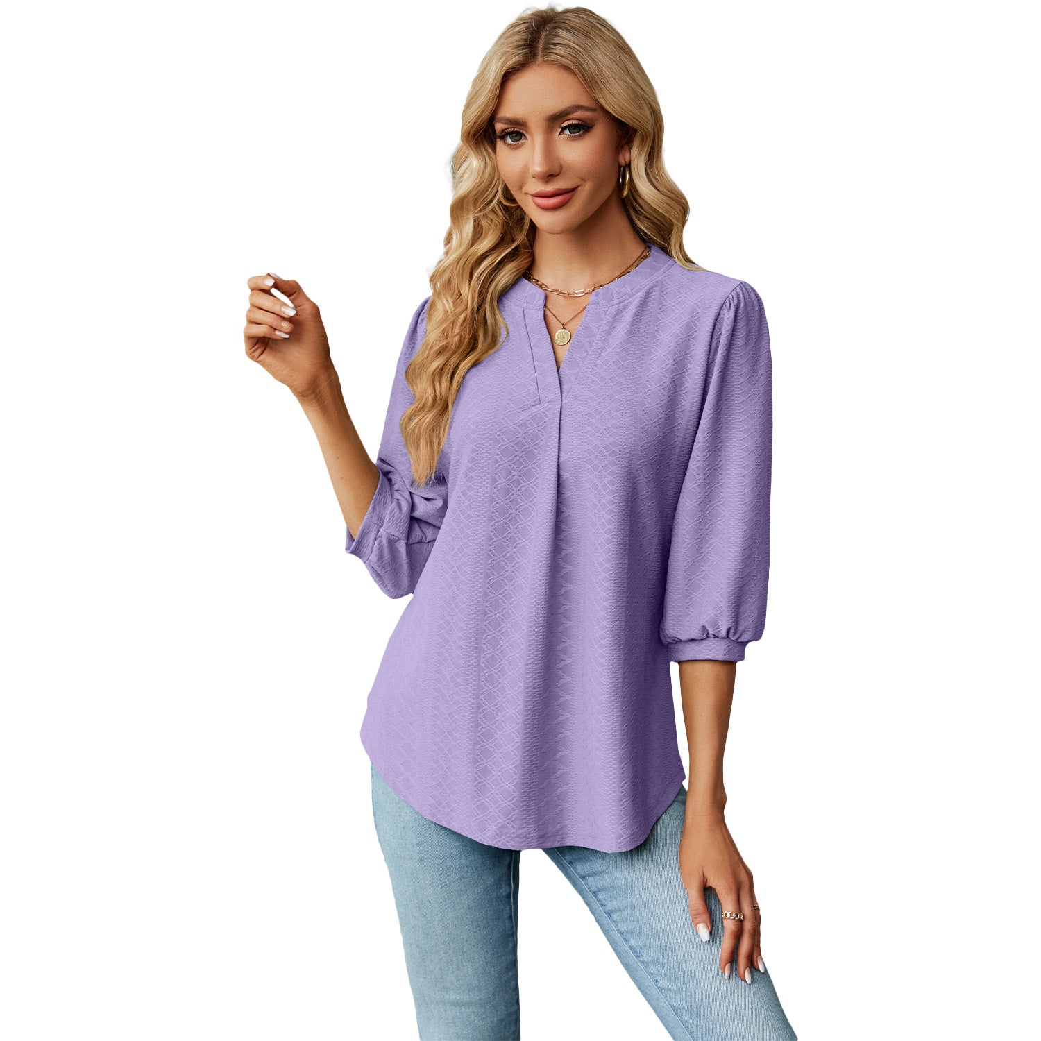 Solid Color Lace Collar Jacquard Long Sleeve Loose-fitting T-shirt Top - Fashioinista