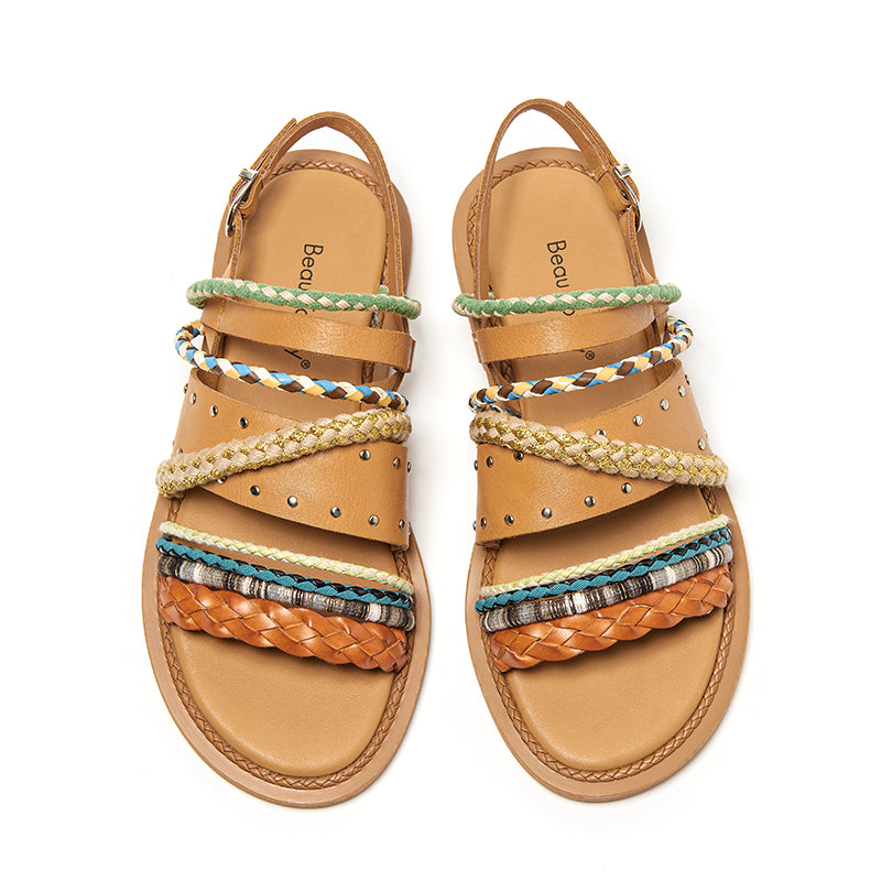 Women's Summer Flat Roman Woven Leather Niche Sandals - Fashioinista