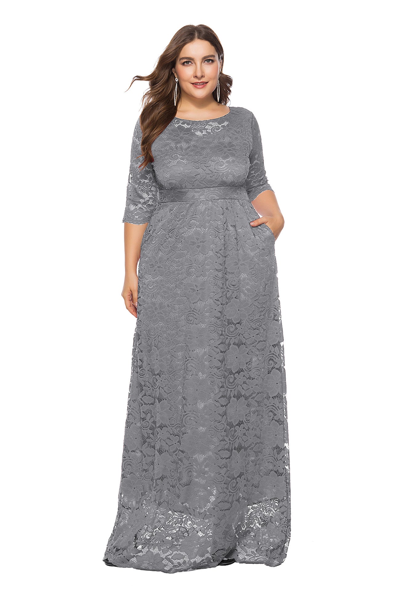 Plus Size Women New Hollow Lace Pocket Dress - Fashioinista