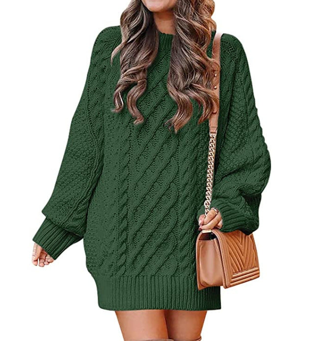 Women's Round Neck Long Sleeve Twisted Knitted Mid-length Dress Sweater - Fashioinista