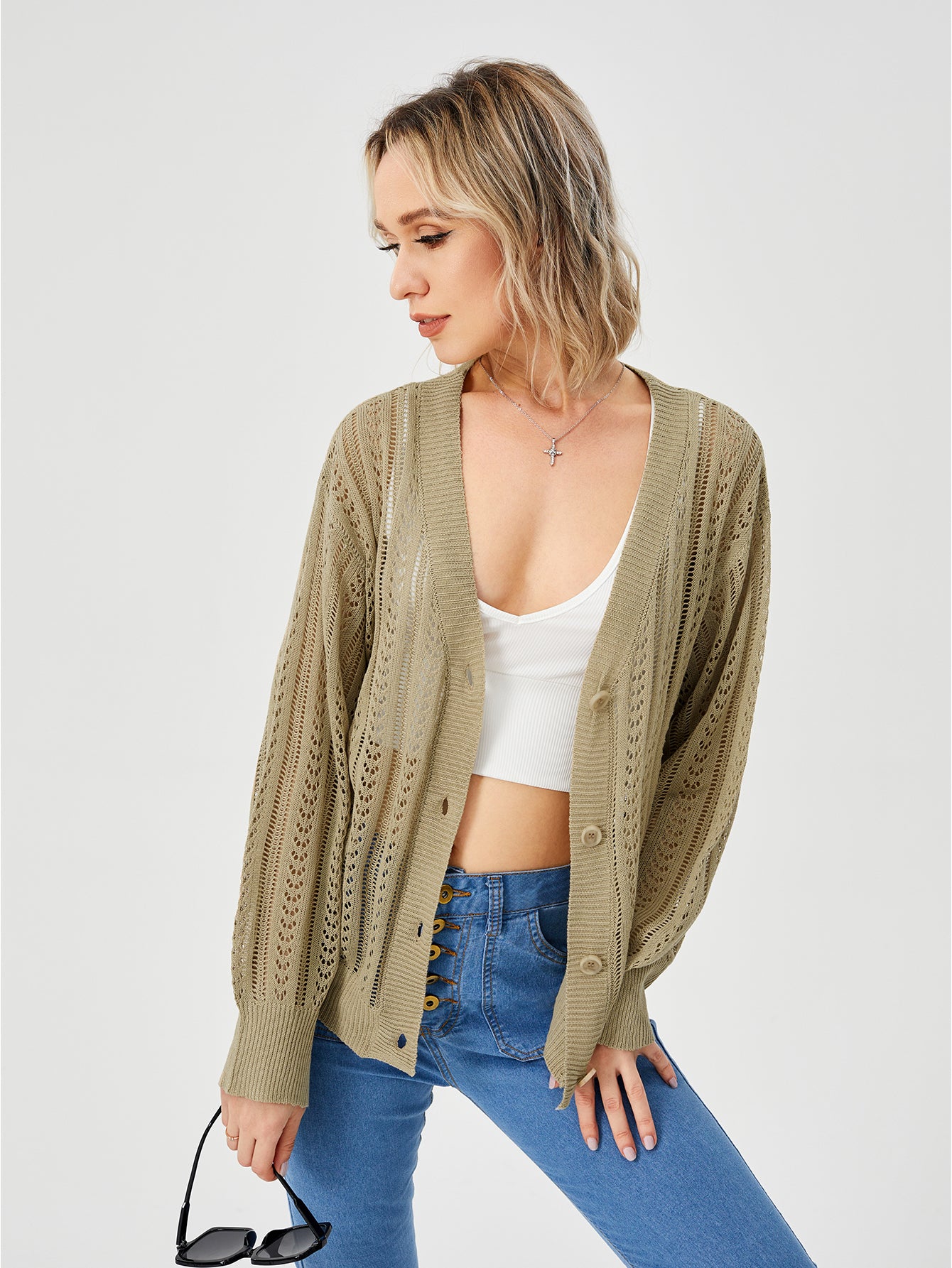 Women's Hollow Out Open Front Knit Lightweight Cardigan - Fashioinista