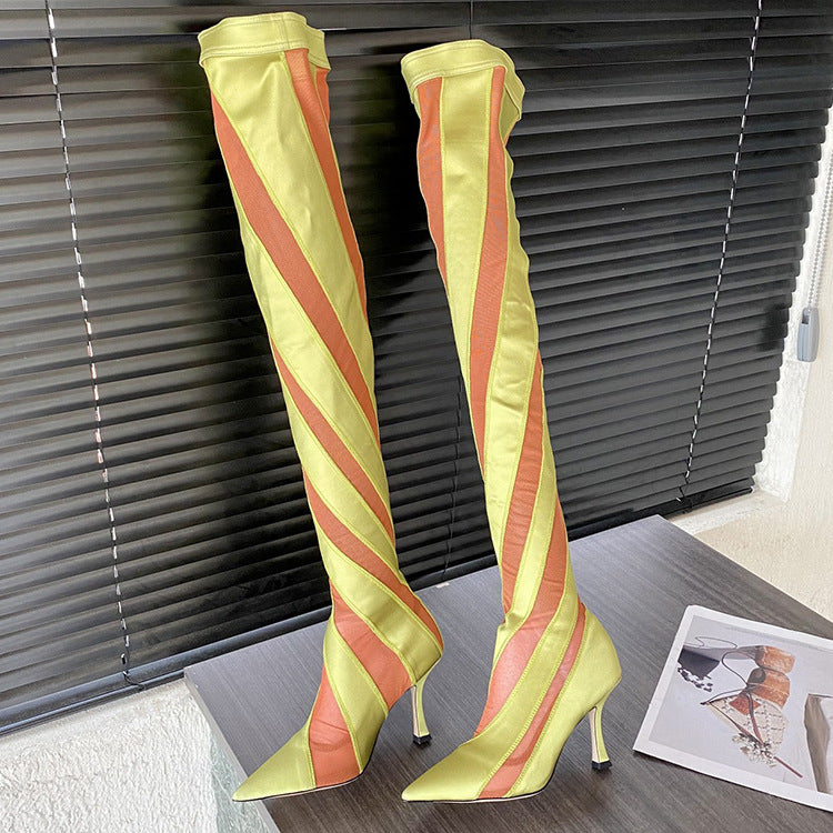 Pointed High Heel Elastic Thread Stitching Mesh Long Tube Over The Knee Boots - Fashioinista