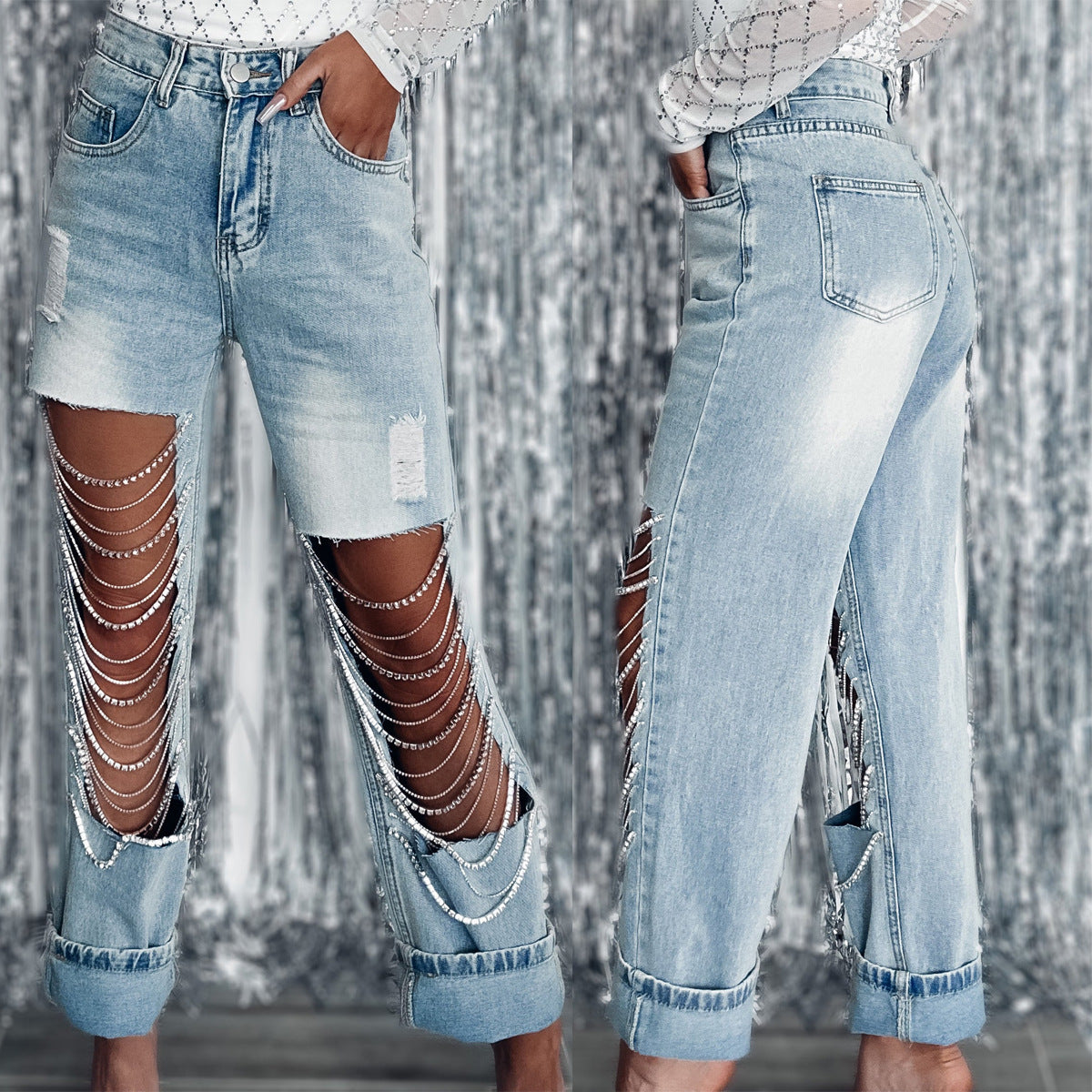 Big Ripped Jeans Women's Chain Ornaments Straight-leg Pants - Fashioinista