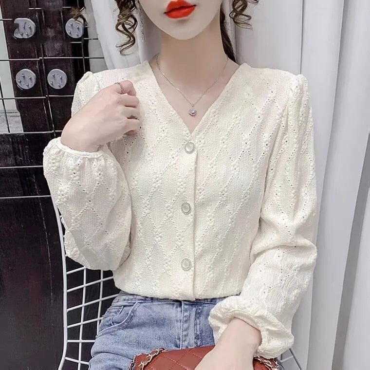 Chic Spring/Autumn Loose Casual Blouse Shirts & Tops Fashionjosie Apricot S 