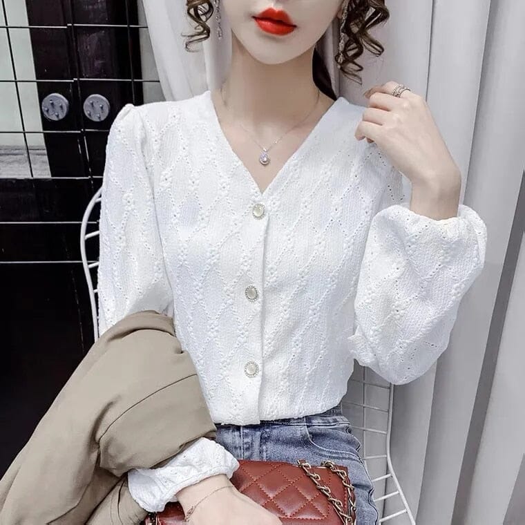 Chic Spring/Autumn Loose Casual Blouse Shirts & Tops Fashionjosie white2 S 