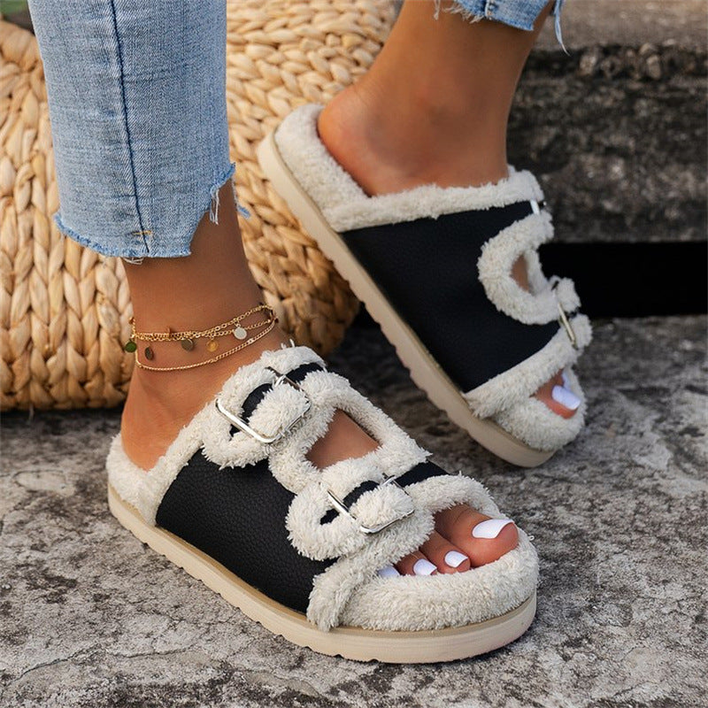 Autumn Winter Slipper Thick Sole Buckle Lamb Swool Slippers For Women Outdoor Gardern Indoor Lazy Plush Shoes - Fashioinista