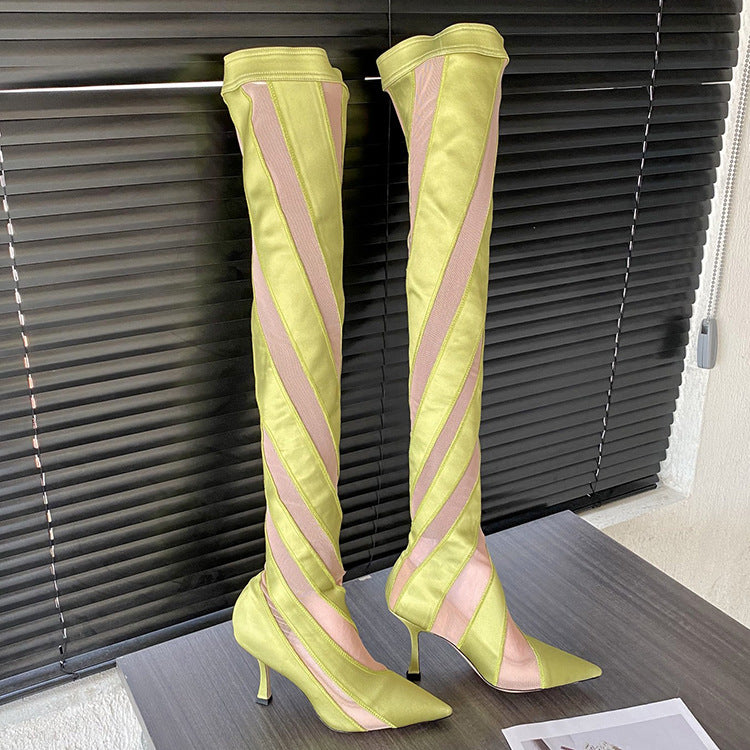 Pointed High Heel Elastic Thread Stitching Mesh Long Tube Over The Knee Boots - Fashioinista