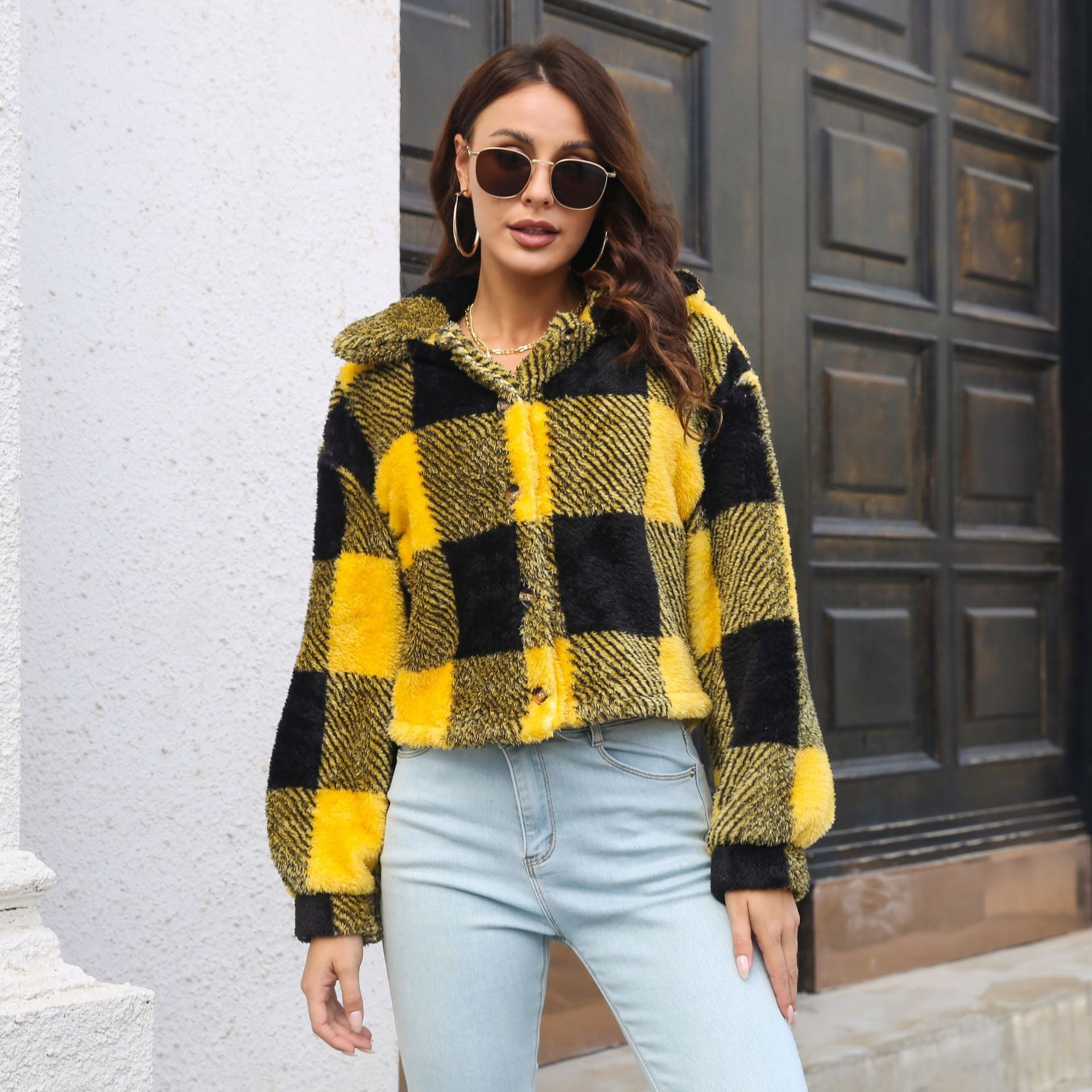 Plaid Double Sided Velvet Jacket For Women Lantern Sleeve Loose Short Coat Autumn And Winter Plush Clothing - Fashioinista